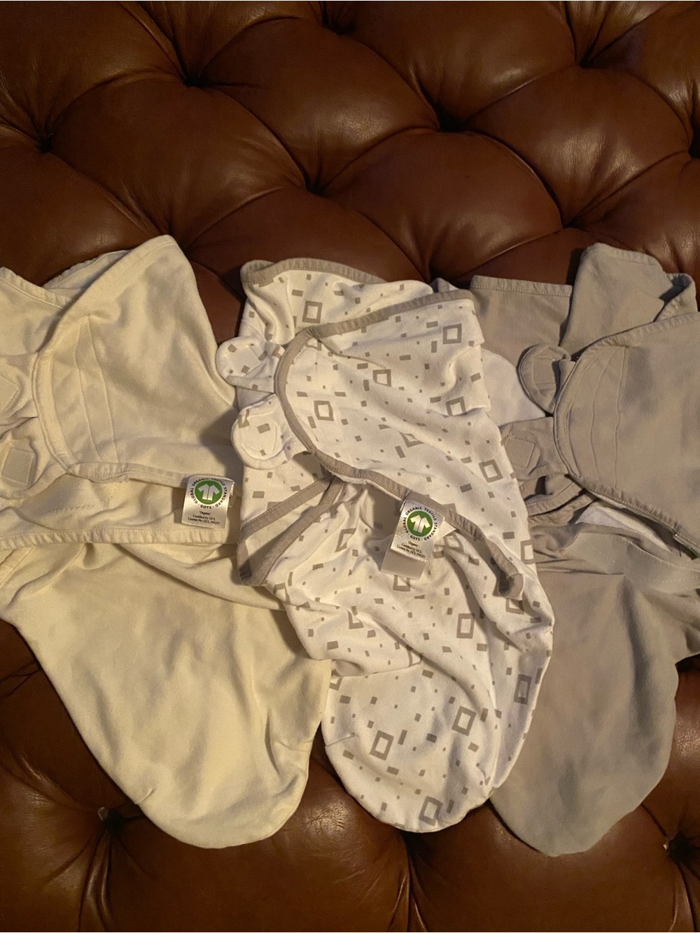 Organic Cotton Baby Swaddle Blanket Set in Cream, Patterned Gray, and Light Gray
